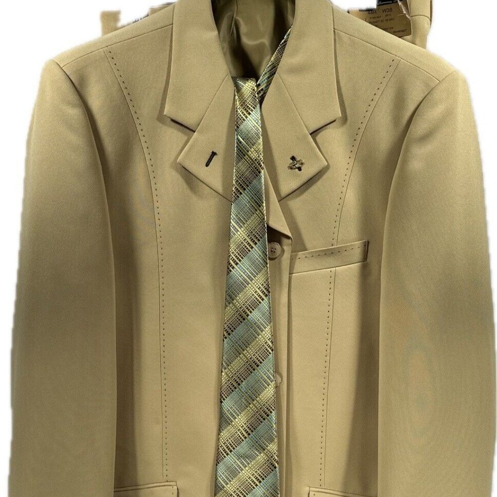 Falcone Men's Suit 5 Piece Light Gold Tie Hanky Vest Pleated Pants Size 44R W38"